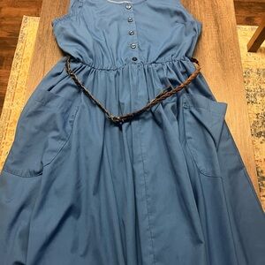 Blue Sleeveless Button-Front Women's Dress with Waist Tie Hand made